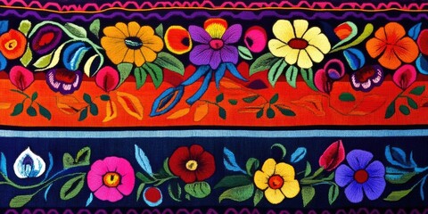 A vibrant Mexican tablecloth features colorful, detailed patterns that highlight the rich textile tradition and the skillful craftsmanship of the regions artisans.