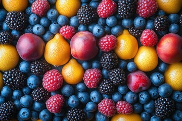 A colorful mix of fresh peaches, raspberries, and blueberries arranged in a basket