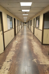 Obraz premium Long empty office corridor with dirty floor.
