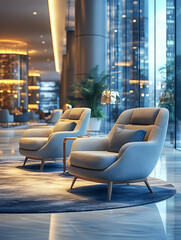 Modern hotel lobby with comfortable armchairs and city view.
