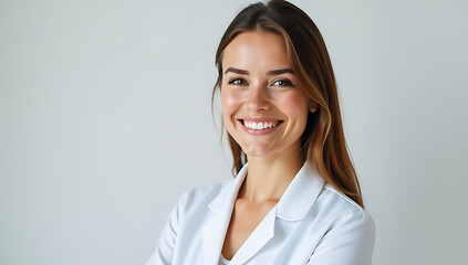 A smiling young woman in a white coat conveys confidence and positivity ideal for professional and healthcare themed projects._00001_