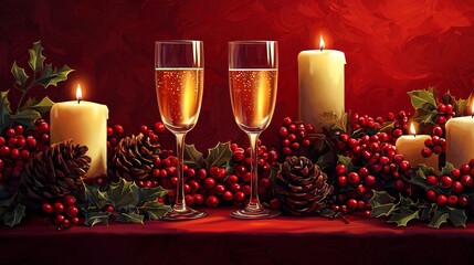 Festive dinner table with champagne and candles for holiday celebration