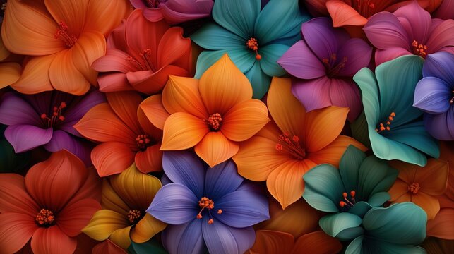 3D images of flowers, bright colors, volumetric shapes