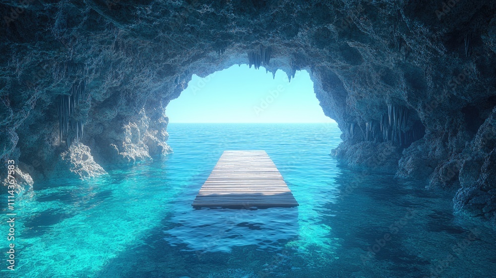 Poster a small dock situated in the middle of a calm body of water, perfect for relaxing or enjoying a day 