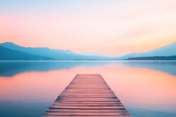 Fototapeta premium Wooden Dock Extending into Serene Mountain Lake at Sunrise