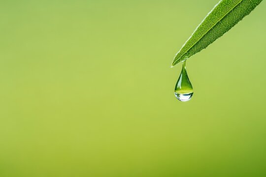 A single dewdrop hangs from a green leaf - Powered by Adobe