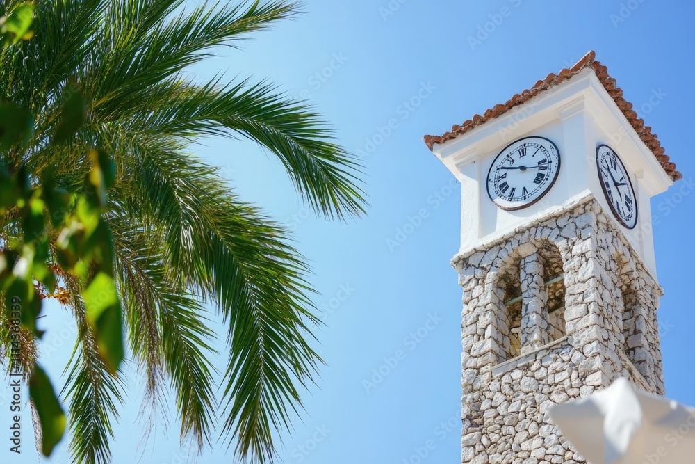 Poster a clock tower stands tall with a palm tree in the foreground, offering a serene atmosphere