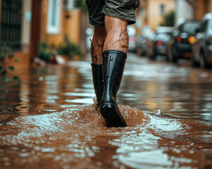 A man strides through a flooded Valencia street, black rain boots splashing through murky brown water after heavy rain.