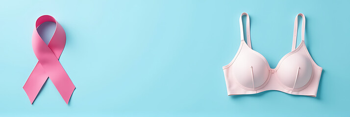 A pink ribbon and bra are placed on a pastel blue background, leaving room for a motivational message or promotional content._00001_