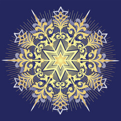 Vector golden six-pointed star symbol of the Nativity of Christ. Golden snowflake. Isolated on dark background