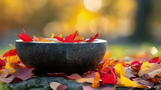 A black bowl filled with vibrant autumn leaves, surrounded by a colorful fall landscape.