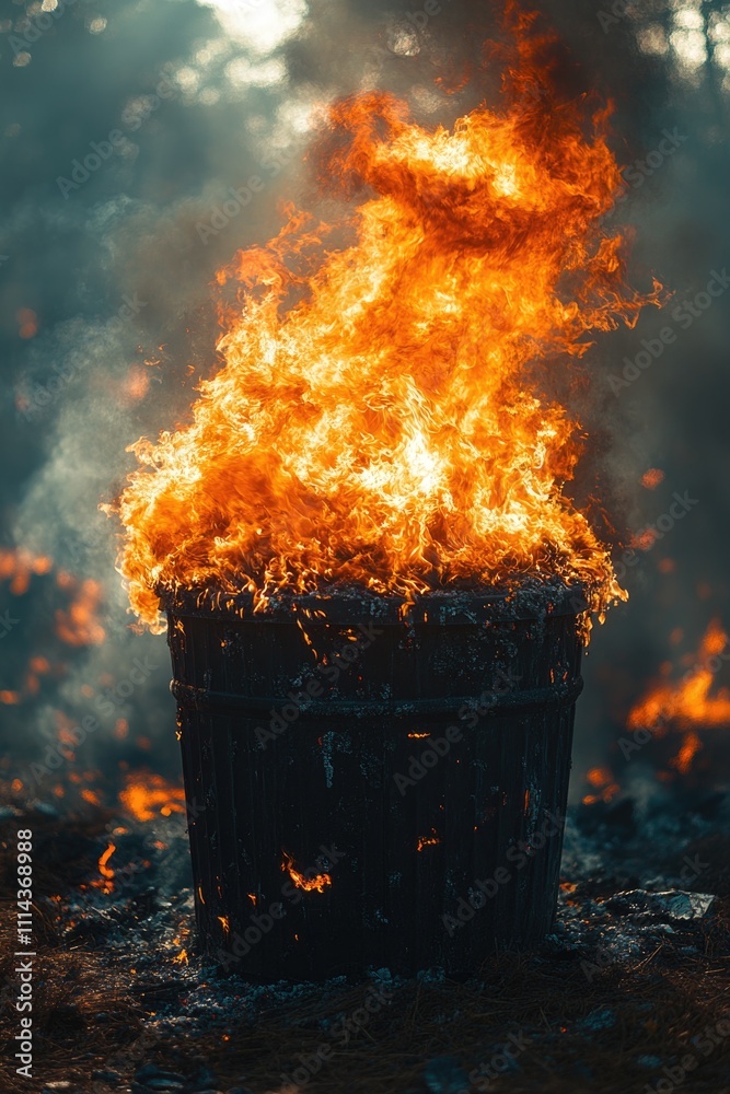 Poster A trash can engulfed in flames, situated in an open field