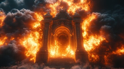 Majestic Fiery Portal Surrounded by Dramatic Clouds and Flames Inviting the Viewer to Explore Otherworldly Realms and Mystical Adventures Beyond the Threshold