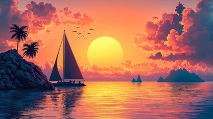 Fototapeta premium Vibrant sunset over calm waters with a sailboat and tropical scenery