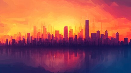 Fototapeta premium Vibrant minimalist cityscape silhouette at sunset showcasing beautiful hues and reflections