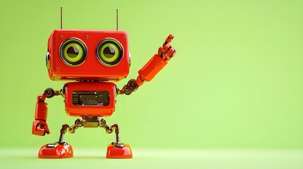 Tiny Red Robot with Winking Eyes and Happy Expression Pointing Leftward, Gradient Light Green Background for Friendly Marketing