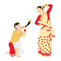 Vector illustration of Assamese couple in traditional clothes on transparent background