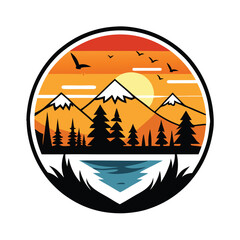 create modern adventure logo with sunset and birds.
