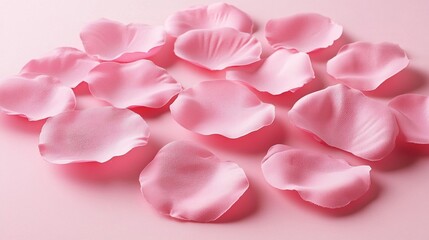 Obraz premium Soft pink rose petals artistically arranged on a smooth pastel pink surface, creating a delicate and romantic atmosphere perfect for floral and nature-themed designs.