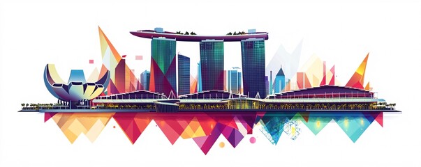 Obraz premium A stylized, geometric icon of Marina Bay Sands, using abstract triangles and lines to depict its towers and rooftop, with a clear, vibrant color palette