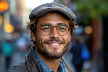 Fototapeta premium A happy man wearing glasses and a hat smiling directly into the camera