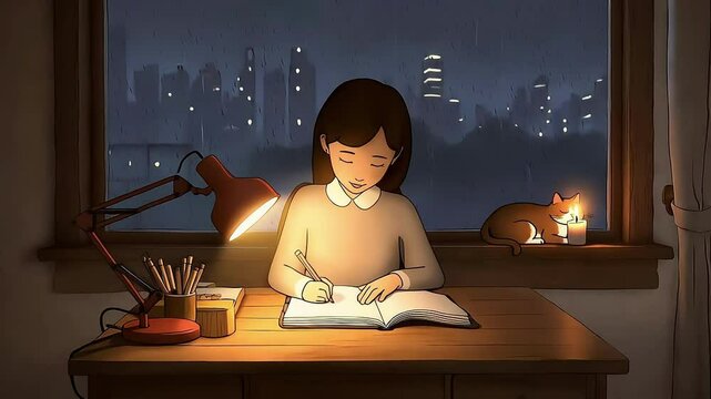 Young Asian girl writing by a warm lamp in a cozy, rainy evening setting.
