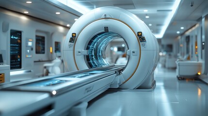 Modern X-ray and MRI scanner in a sleek, state-of-the-art medical facility, showcasing advanced diagnostic equipment with futuristic design and technology integration.