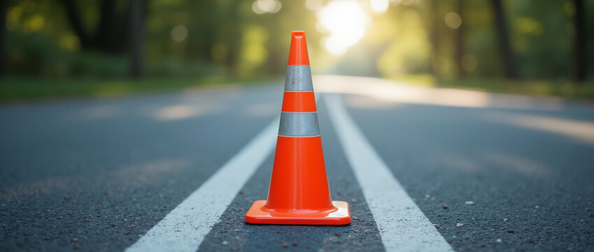 Cone de tr&acirc;nsito de seguran&ccedil;a na estrada de asfalto alerta