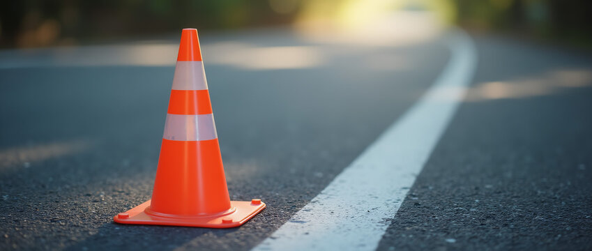 Cone de tr&acirc;nsito de seguran&ccedil;a na estrada de asfalto alerta