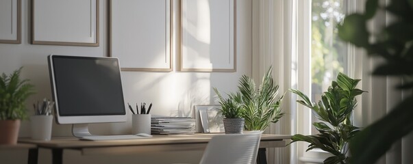 A stylish Scandinavian home office design featuring mock-up frames, plants, and decor, showcasing a neutral aesthetic.