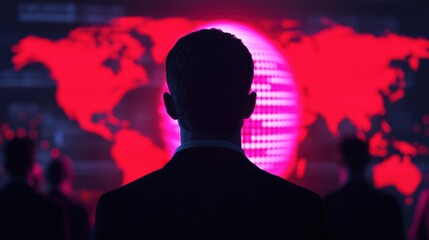Businessman watching glowing globe and world map on big screen display