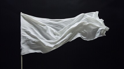 White flag waving gracefully against a black background creating a strong contrast of colors