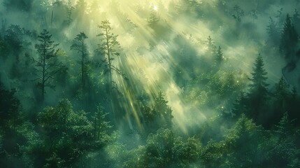 Obraz premium Forest Mist: A watercolor painting capturing a dense, misty forest at dawn. Gentle sunlight pierces through the fog, creating soft, golden beams that illuminate the lush greenery