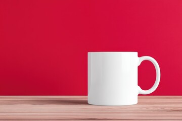White coffee mug on wooden table against red wall in cozy interior setting