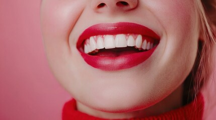 Obraz premium Woman, mouth and teeth in studio for oral health, dental care and orthodontics isolated on white background. Female person, smile and tooth whitening or hygiene, veneers and self care for wellness