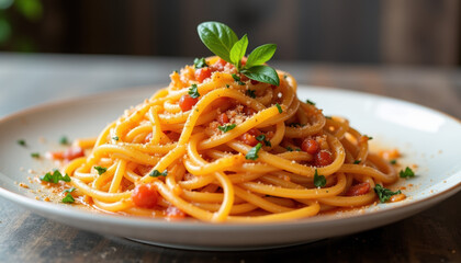 A delightful serving of traditional spaghetti topped with sauce and herbs, ideal for National Spaghetti Day festivities.