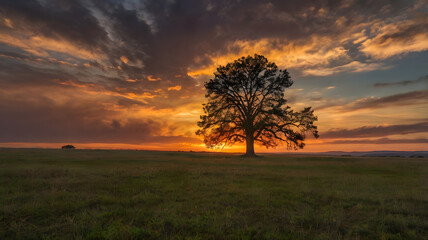 Fototapeta premium A single tree standing tall in the middle of a vast grassland under a fiery sunset sky