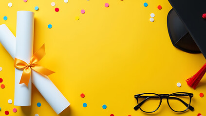 A graduation scene featuring a yellow backdrop, rolled diploma, confetti, glasses, and a customized message area with ribbons and a cap._00001_