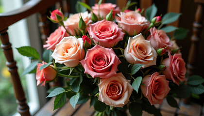 Obraz premium A florist skillfully arranging a romantic bouquet of pink roses, highlighting their passion for floral artistry.