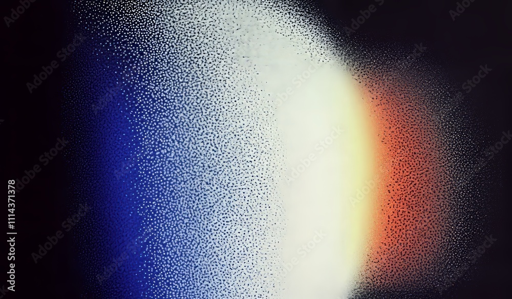 Fototapete An abstract poster or banner design with a grainy black background, featuring a color gradient circle and a sphere in shades of red, orange, gray, and white with noise texture.