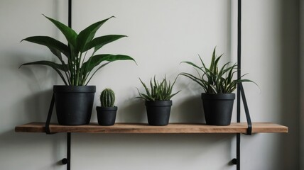 Fototapeta premium A shelf with plants, minimalist design, contrasting black and green