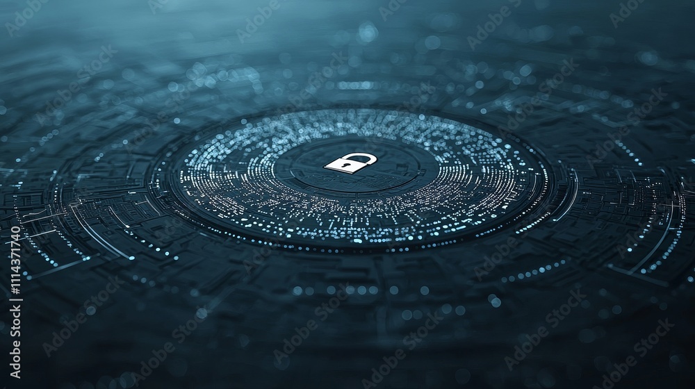 Poster An internet connection with a prominent shield. Interconnected polygon binary code on a dark blue background is a cybersecurity technology concept.