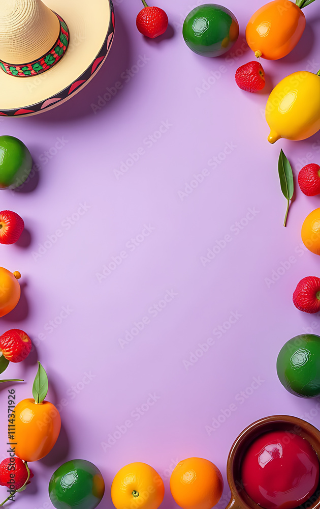Poster a festive scene of traditional mexican items is arranged on a light purple background in a circular 
