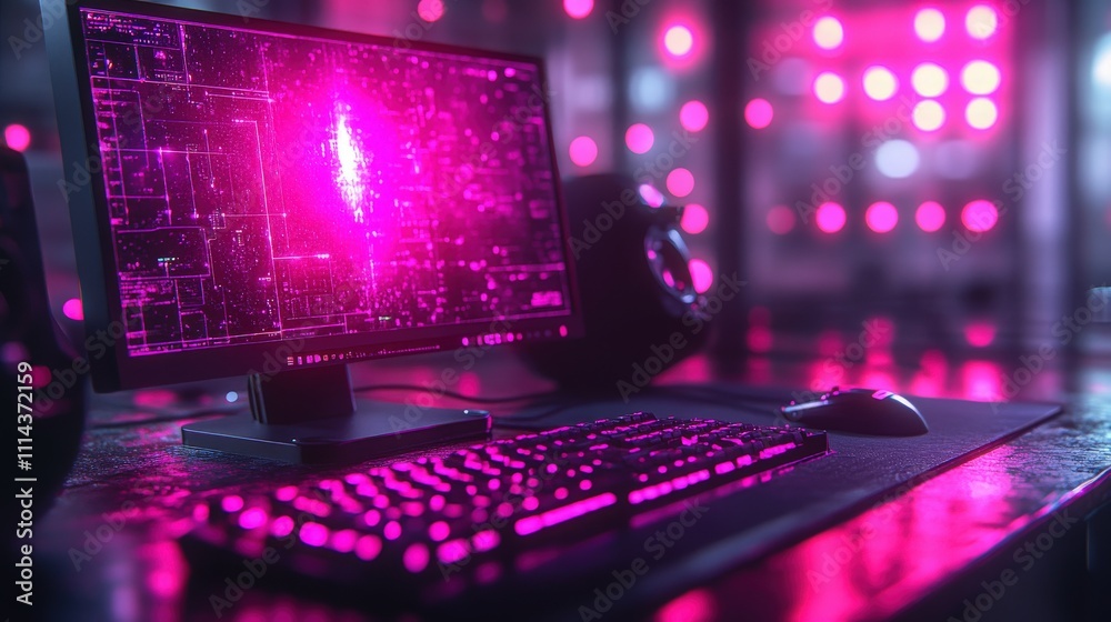 Poster futuristic computer setup with colorful neon lights and abstract digital visuals showcasing technolo