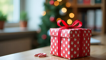 A festive office scene features a wrapped gift, mini tree, and candy canes, embodying the spirit of Secret Santa in a cheerful workspace._00001_