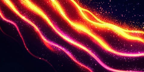 Abstract art, glowing streams of vibrant pink, yellow, and orange flowing on a dark background with sparkles