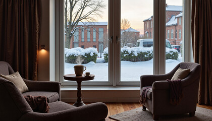 Cozy living room with winter view and warm lighting  
