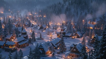 Fototapeta premium Traditional village surrounded by snow-covered pine trees, softly illuminated at dusk
