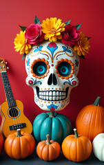 A festive Day of the Dead display features a colorful skull surrounded by marigolds, pumpkins, and a ukulele on a bright red backdrop._00001_