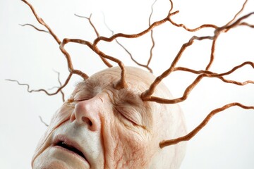 A senior gentleman resting with branches above, could be used for a peaceful or serene scene